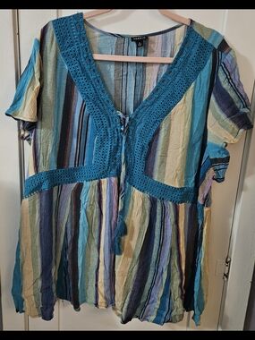 torrid Teal Multicolor Striped Tie-Front Peasant Top